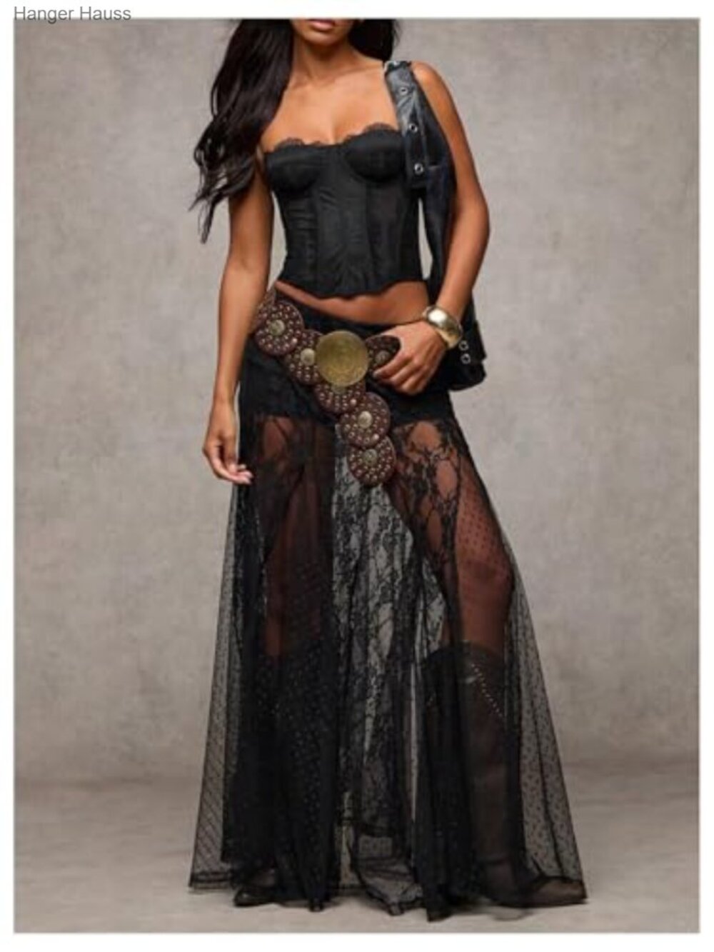 Lace Sheer Maxi Skirt Asymmetrical High Low Boho Goth - Picture 5 of 6